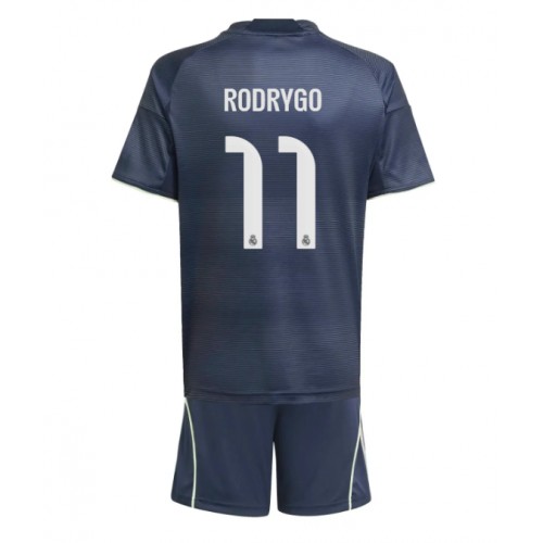Stroje piłkarskie Real Madrid Rodrygo Goes #11 Koszulka Wyjazdowej dla dzieci 2025-26 Krótki Rękaw (+ szorty)